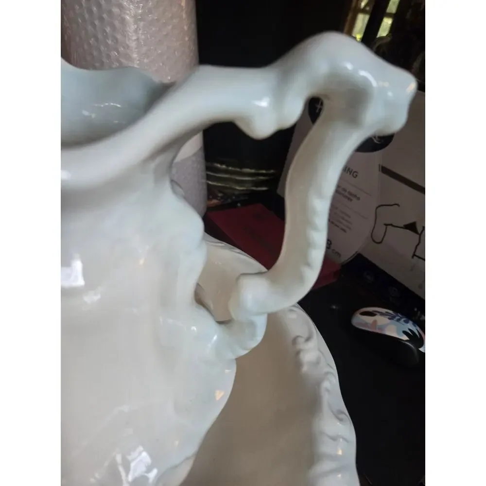 Vintage Mary Ceramic Pitcher & Wash Basin Set White Floral Roses Victorian Style